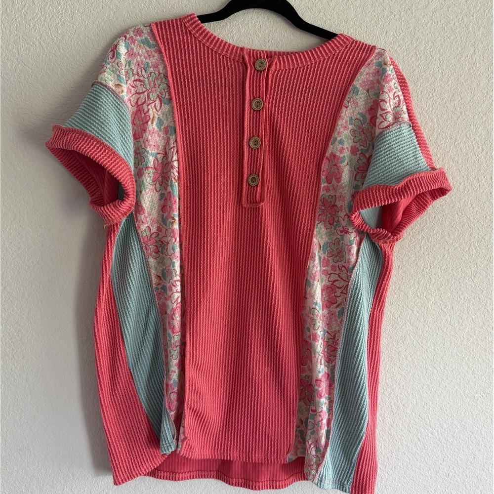 Floral Coral Knit Top with Mint Accents